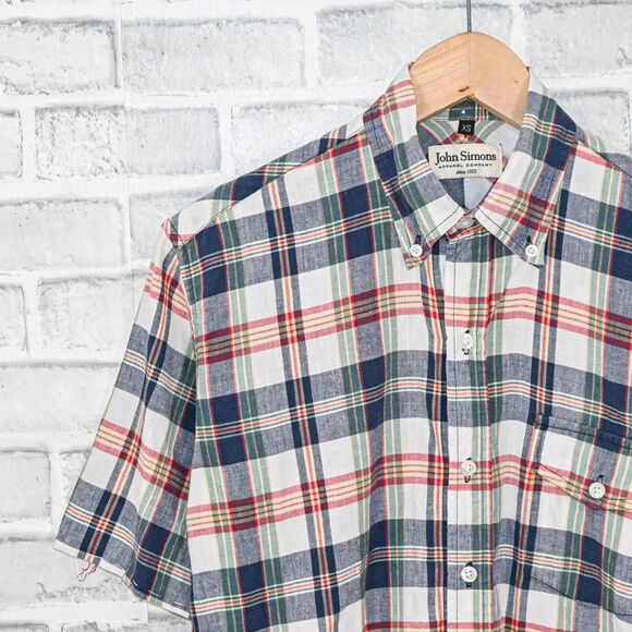 JOHN SIMONS Men's Short Sleeve Button down Shirt Madras Plaid size XS - Picture 4 of 6